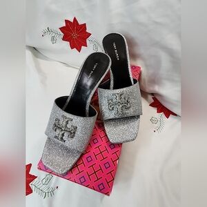 Tory Burch Silver Glitter Mule Sandals NEW IN BOX